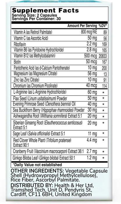Health & Her Menopause Multi-Nutrient Support for Women – Vegan, Gluten-Free, Non-GM, 60 Capsules (1 Month Supply)