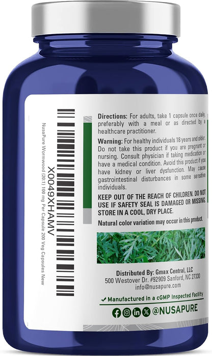 NusaPure Wormwood Capsules, 100 mg, 200 Veg Capsules | Vegan & Non-GMO | GMP