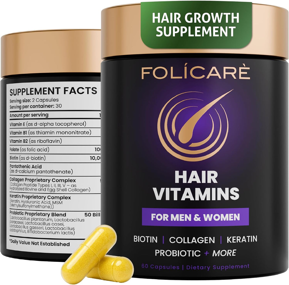 Biotin Hair Growth Supplement with Collagen, Keratin and Probiotics – Hair Growth Support, Skin & Nails Supplement for Men and Women – Made in USA (1 Pack) - görsel 1