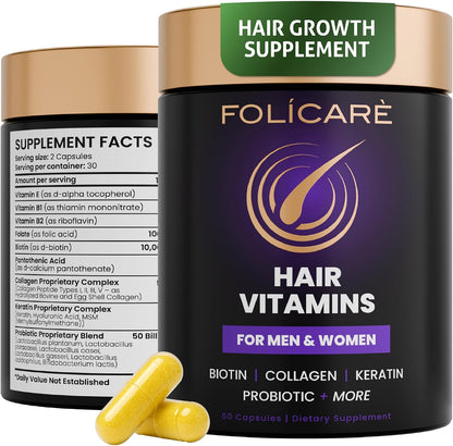 FOLICARE Biotin Hair Supplement with Collagen, Keratin, and Probiotics – 3 Pack