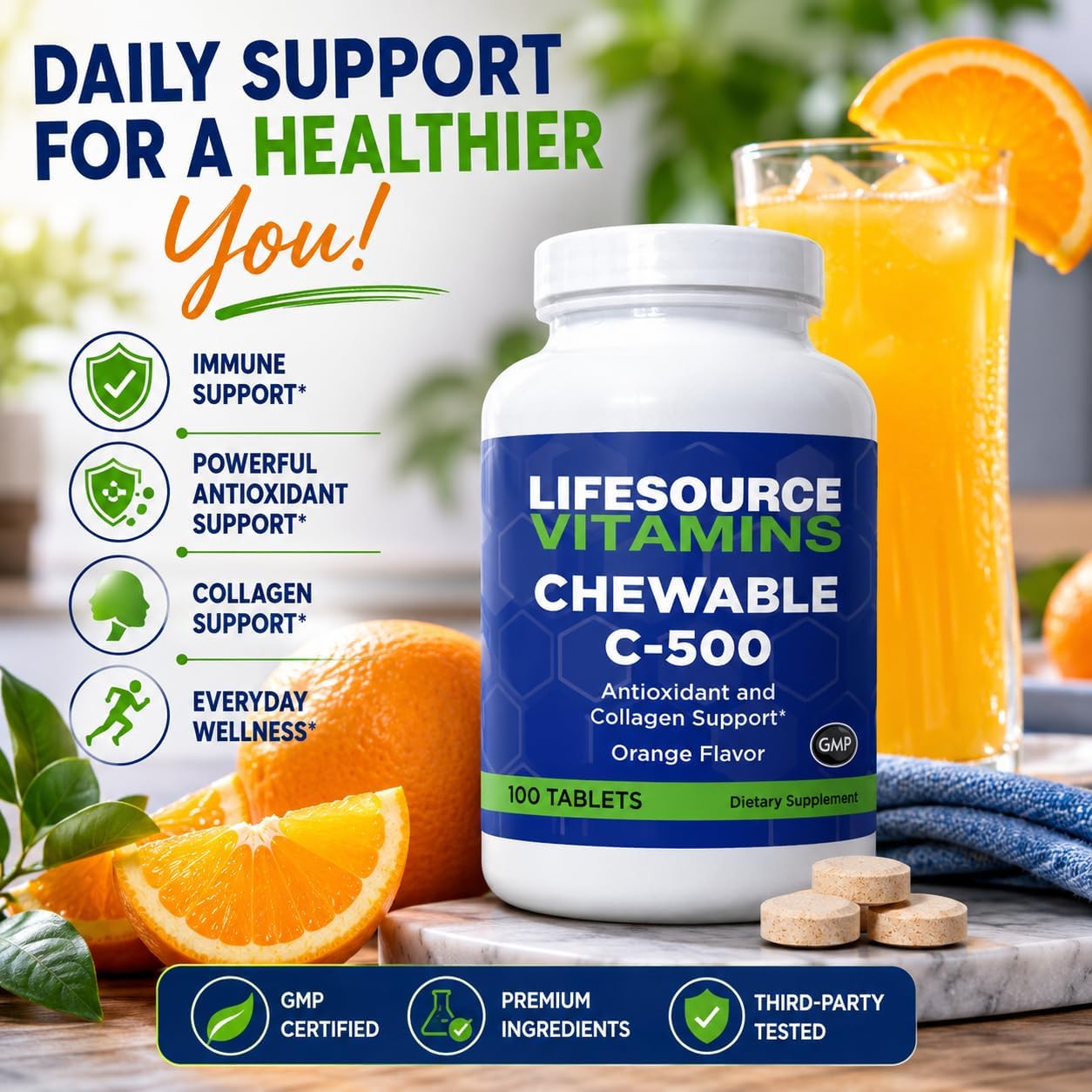 LifeSource Vitamins Vitamin C 500 mg - 100 Chewable Tablets - Orange Flavour - Sweetened with Stevia - görsel 2