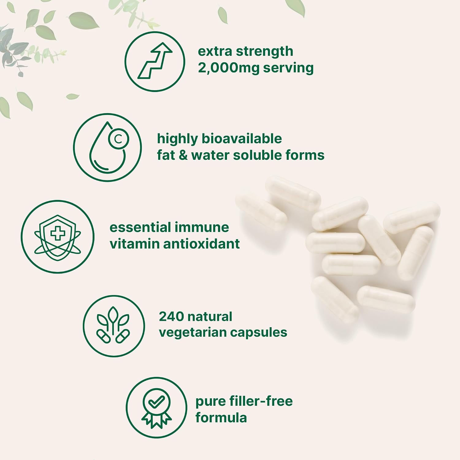 Pure Vitamin C 2,000mg, 240 Veggie Capsules – Dual Solubility, Non-GMO - görsel 3