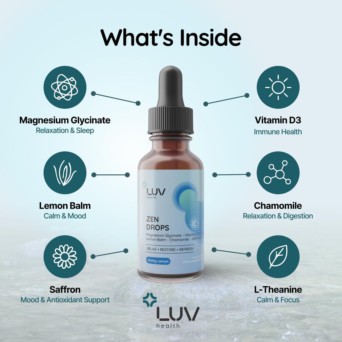 LUV Zen Drops: Food Supplement with Magnesium Glycinate, Vitamin D3, Lemon Balm, Chamomile, Saffron, L-Theanine – Vegan, Non-GMO, 30 Servings - görsel 2
