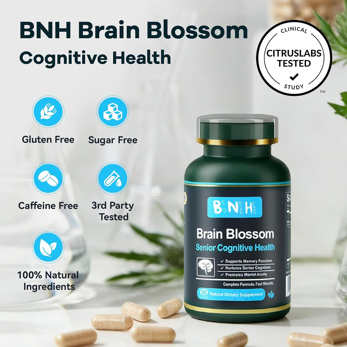 BNH Brain Blossom Brain Supplement for Memory and Focus - Saffron, Ginseng and Turmeric Powered, 19-in-1 Formula, 180 Capsules - görsel 8