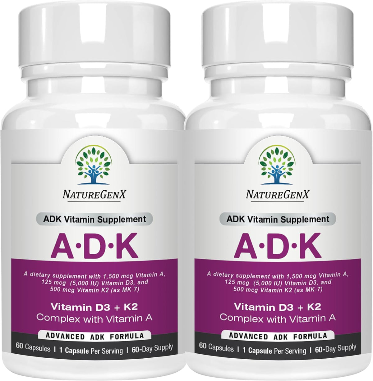 NatureGenX ADK Vitamin Supplement – Vitamins A, D3 & K2 MK-7 – 120 Capsules (2-Pack) - görsel 1