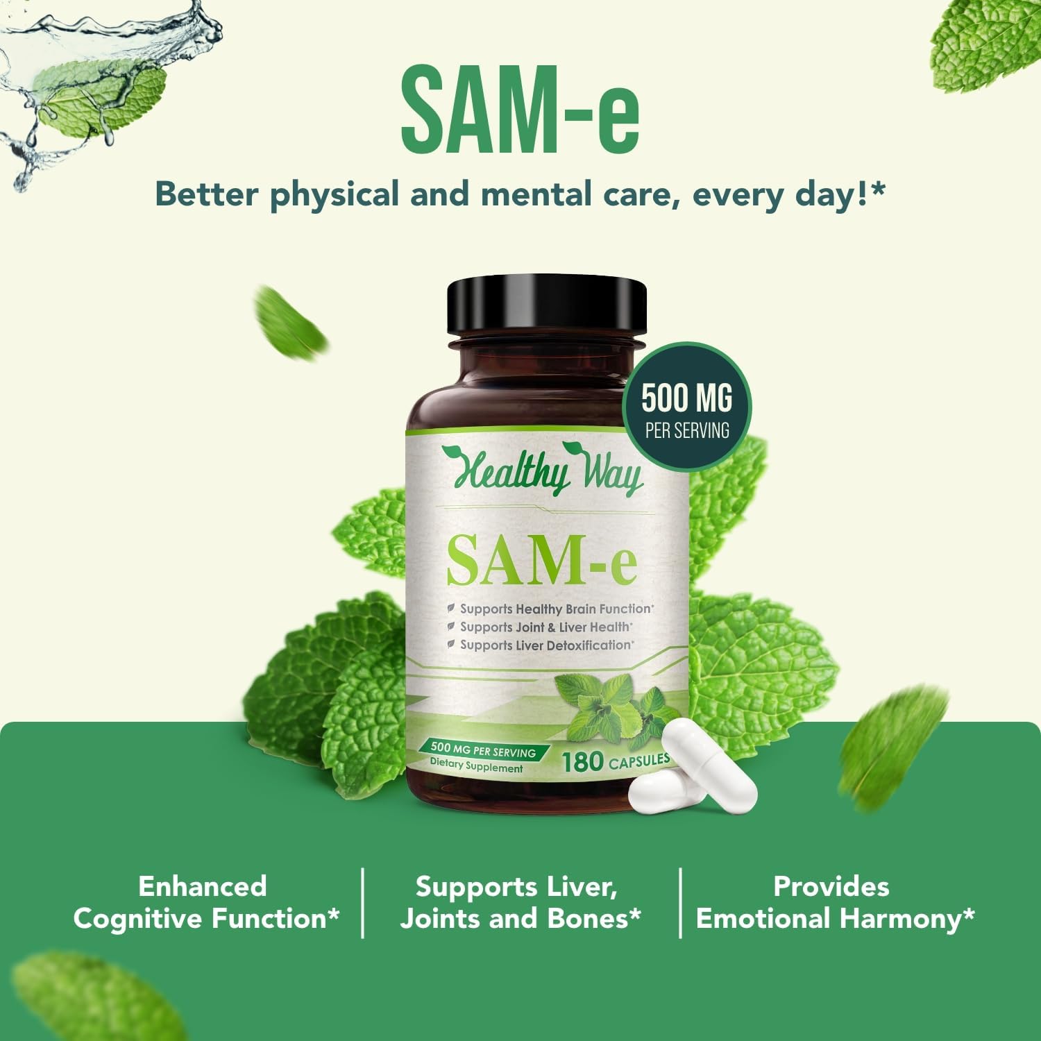 HealthyWayRx SAM-e 500mg Supplement – S-Adenosyl-L-Methionine for Brain, Liver & Mood Support – 180 Capsules - görsel 4
