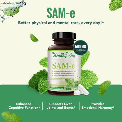 HealthyWayRx SAM-e 500mg Supplement – S-Adenosyl-L-Methionine for Brain, Liver & Mood Support – 180 Capsules