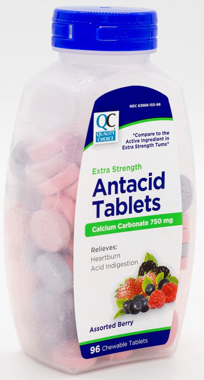 Quality Choice Extra Strength Antacid Tablets, Calcium Carbonate 750 mg, Assorted Berry Flavour, 96 Chewable Tablets (Pack of 2)