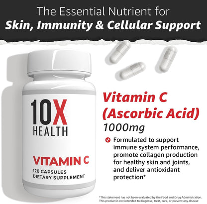 10X Health Vitamin C 1000mg – 120 Capsules | High Potency Ascorbic Acid for Immunity & Antioxidant Support