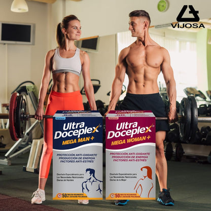 Ultra Doceplex Mega Man+ & Mega Woman+ – Tailored Multivitamin Duo for Men and Women – 50 Prolonged-Release Tablets Each – Energy, Stress, and Antioxidant Support