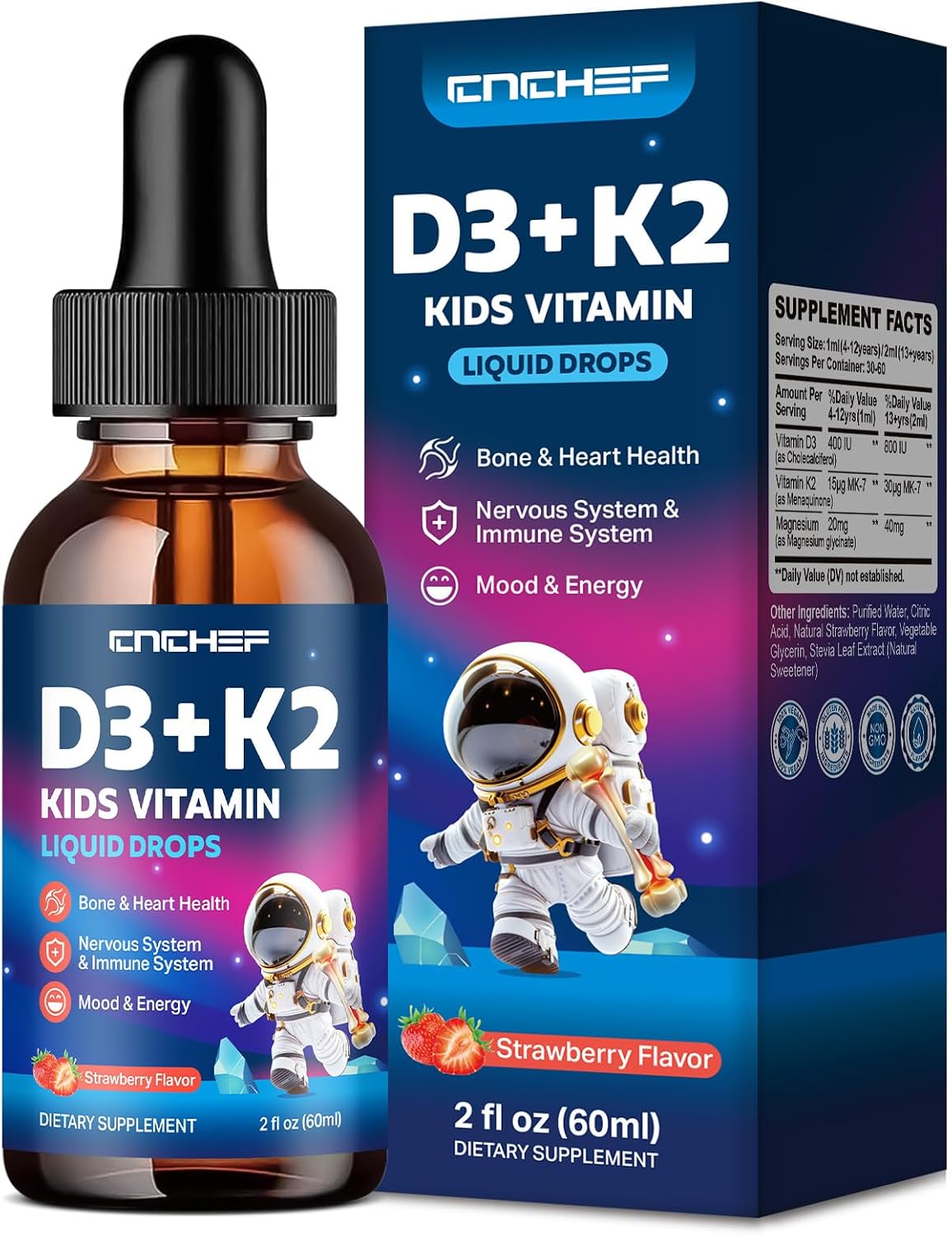 CNCHEF Vitamin D3 K2 Drops for Kids - Liquid Supplement with Magnesium, Orange, 60 ml - görsel 9