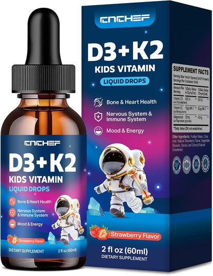 CNCHEF Vitamin D3 K2 Drops for Kids - Liquid Supplement with Magnesium, Orange, 60 ml