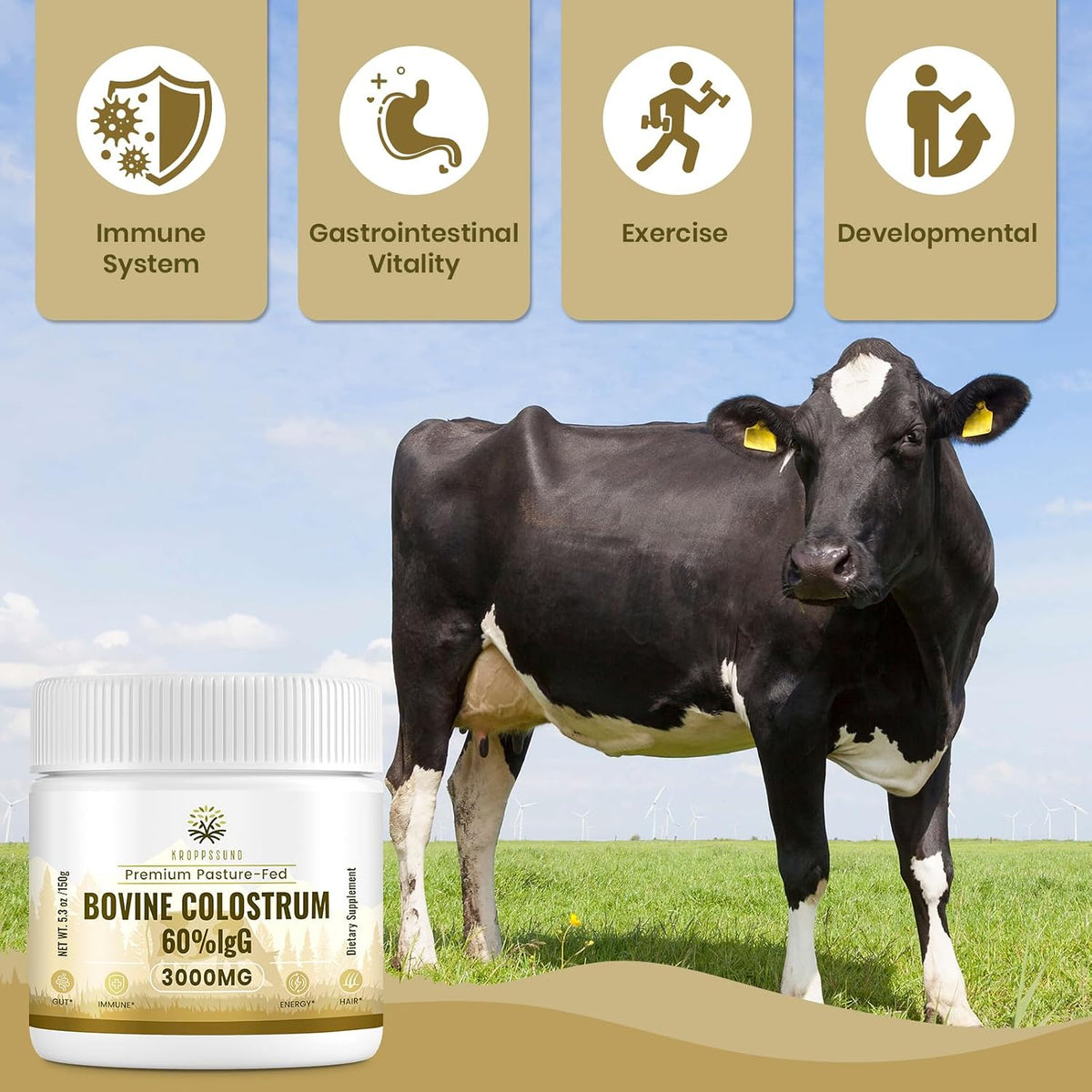 Kroppssund Bovine Colostrum Powder - 65% IgG, 3000mg, Grass-Fed (50 Servings) - görsel 2