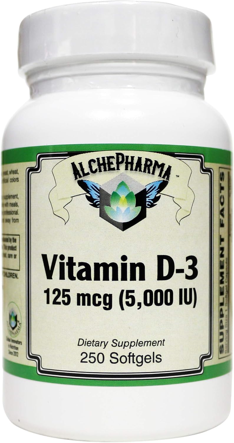 AlchePharma Vitamin D3 125 µg (5,000 IU) from Lanolin in a Base of Safflower Oil – 250 Softgels - görsel 1