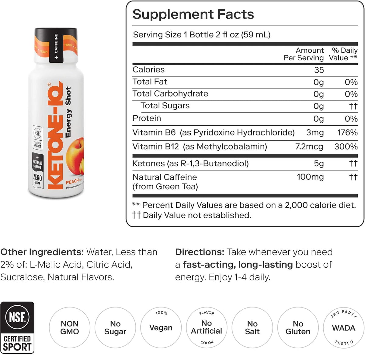 Ketone-IQ Caffeine Energy Shots – 5g Ketones, 100mg Green Tea Caffeine, B Vitamins, 24 Pack (Peach) - görsel 2