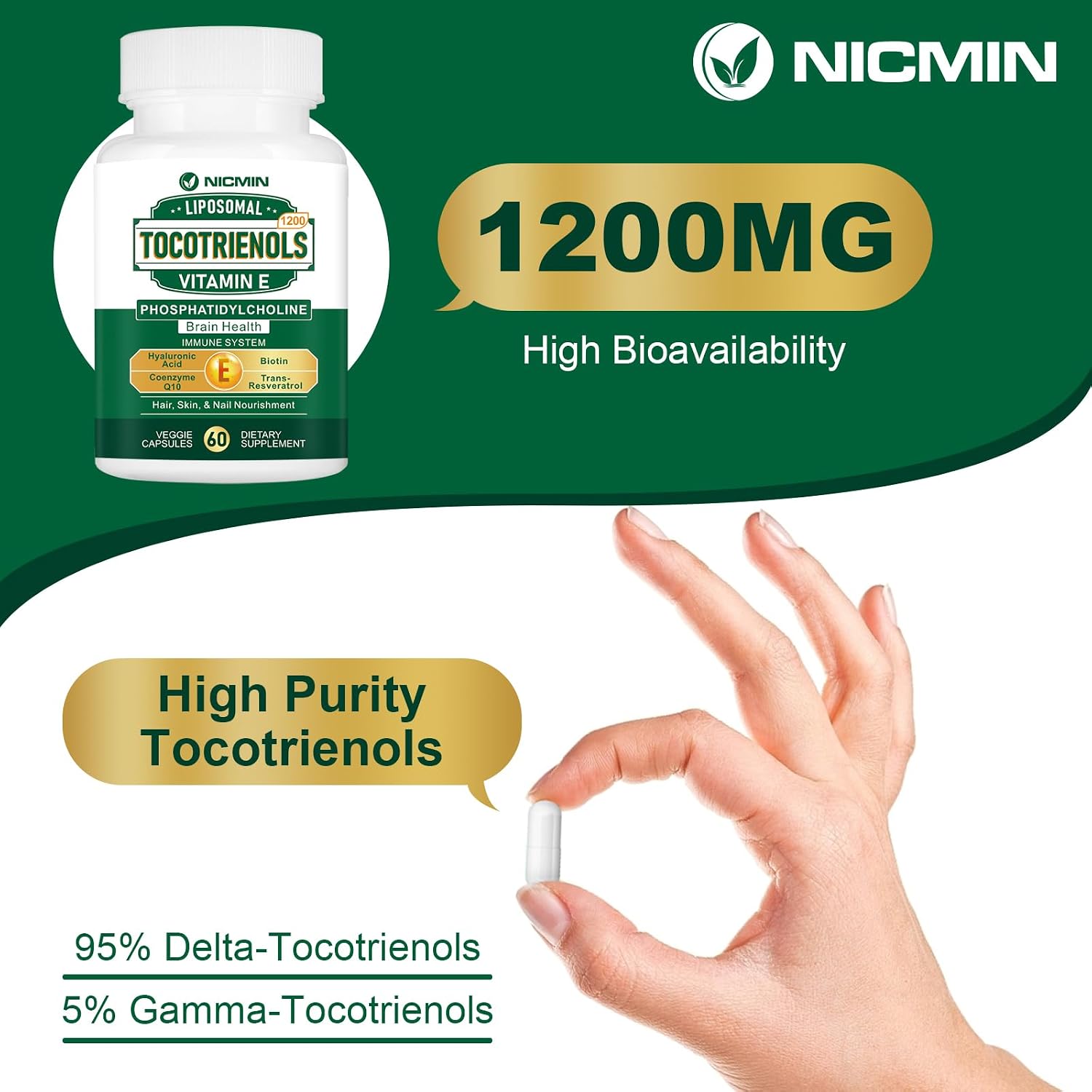 NICMIN Liposomal Vitamin E Tocotrienols 1200mg - High Absorption Formula with Phosphatidylcholine, CoQ10, and Hyaluronic Acid - 120 Capsules - görsel 5