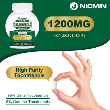 NICMIN Liposomal Vitamin E Tocotrienols 1200mg - High Absorption Formula with Phosphatidylcholine, CoQ10, and Hyaluronic Acid - 120 Capsules
