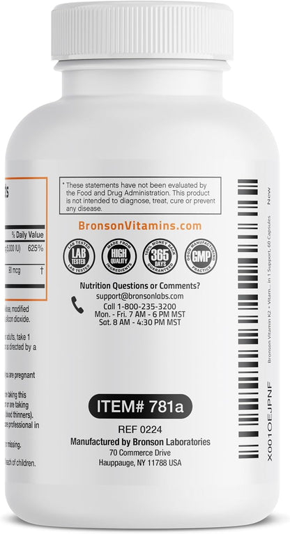 Bronson Vitamin K2 D3 (MK7) Food Supplement - 5000 IU D3 & 90 mcg K2 MK-7, 60 Capsules
