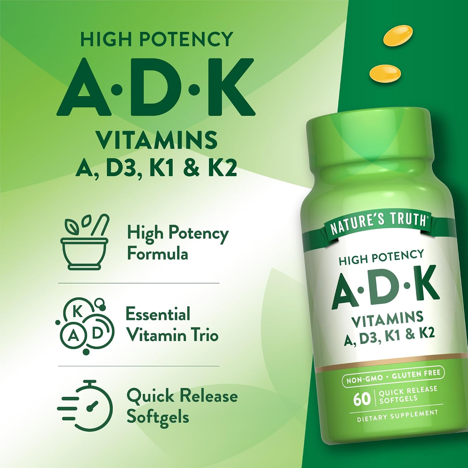 Nature's Truth Vitamin ADK - 60 Softgels - High Potency A, D3, K1 & K2 - görsel 3