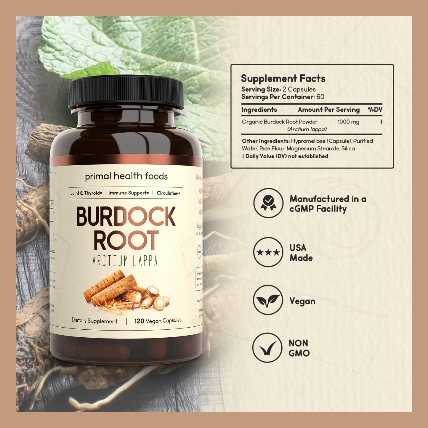 Primal Health Foods Organic Burdock Root Capsules 1000 mg – Circulation, Immune, Skin & Joint Support - görsel 2