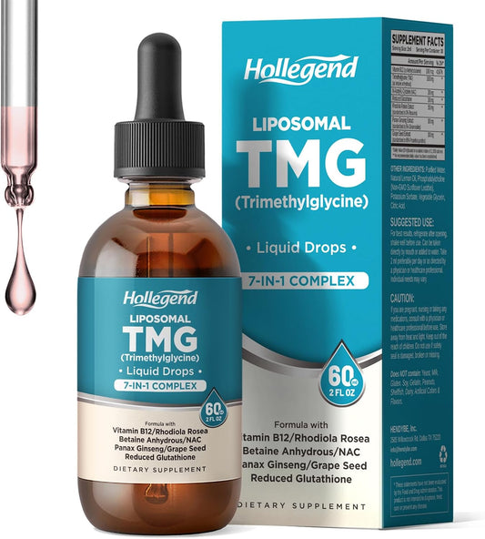 HOLLEGEND Liposomal TMG Supplement Liquid Drops - 1000 mg Trimethylglycine (Betaine Anhydrous) for Methylation Support - Non-GM, Vegan, Blueberry Flavour - 60 ml