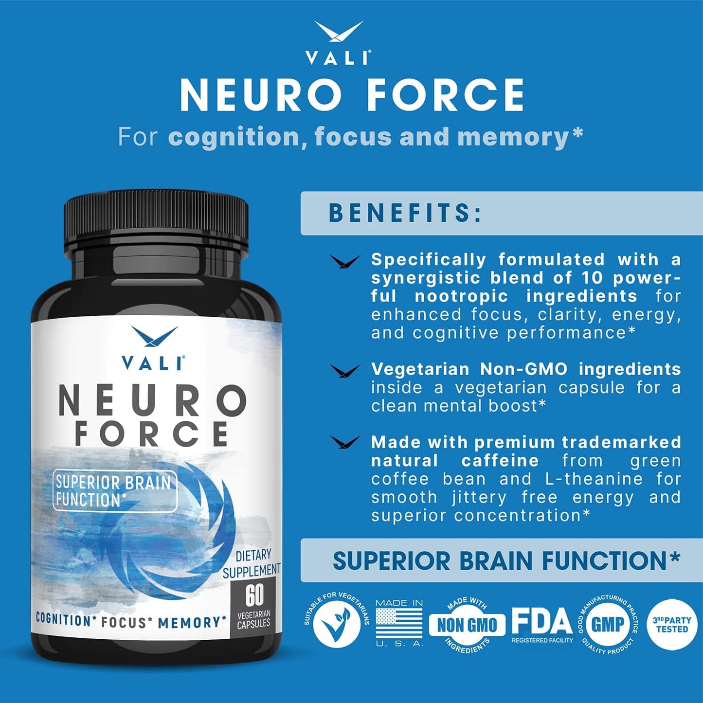 VALI Neuro Force Brain Booster Supplement - Nootropic for Focus, Memory, Clarity & Energy - 60 Veggie Capsules - görsel 3