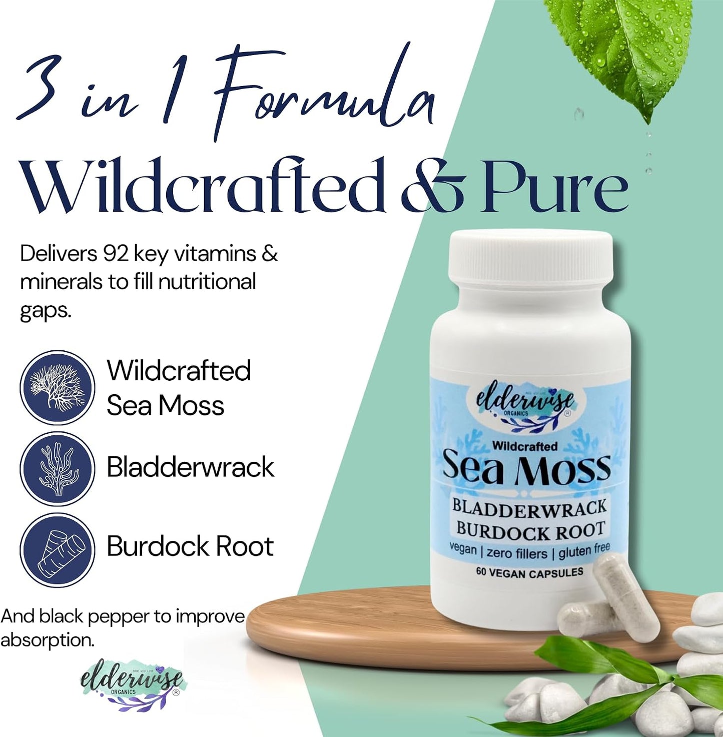 Elderwise Sea Moss Capsules with Burdock Root & Bladderwrack | Superfood Supplement | 60 Vegan Capsules | 30-Day Supply | 1400mg - görsel 2