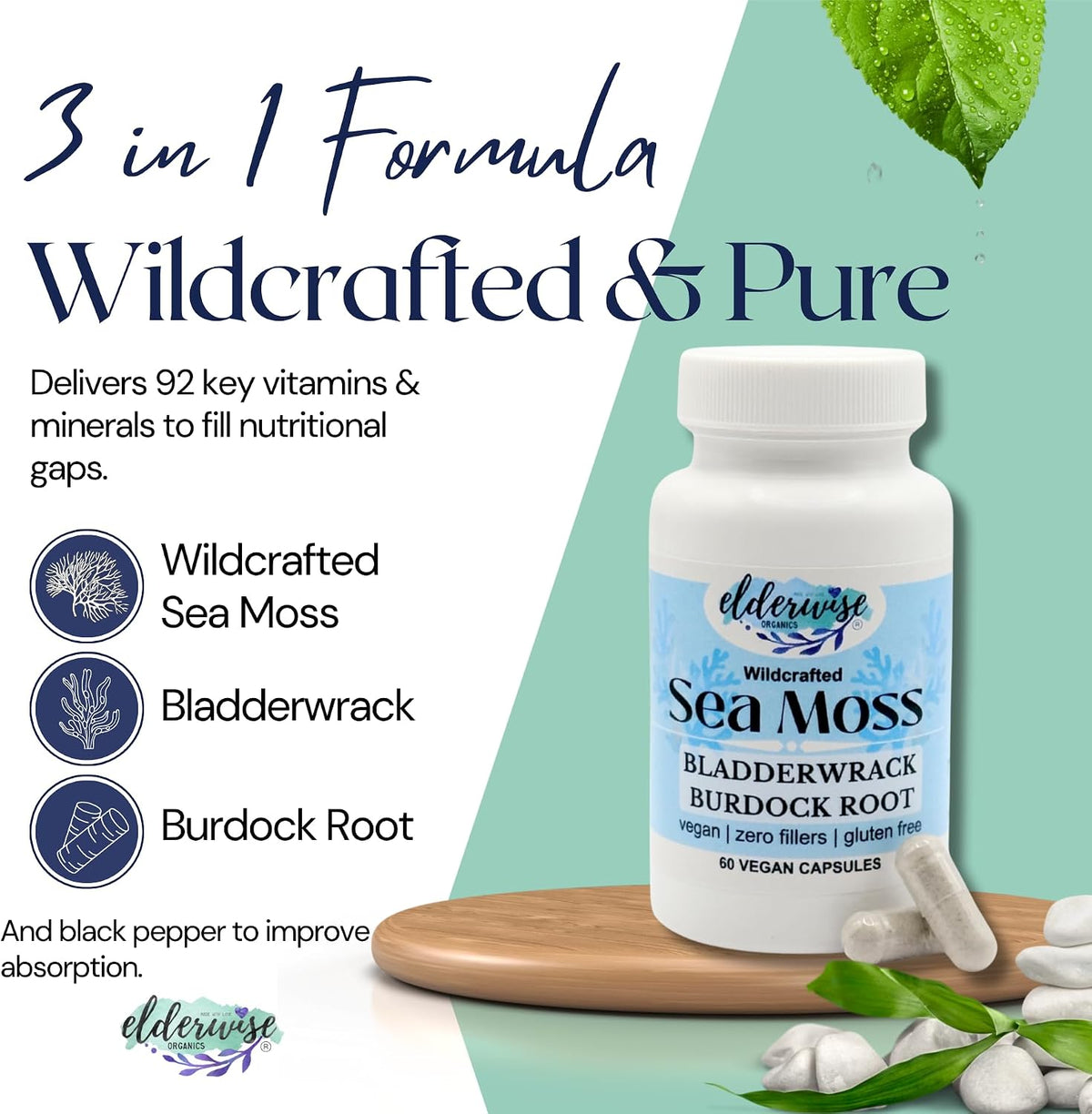 Elderwise Sea Moss Capsules with Burdock Root & Bladderwrack | Superfood Supplement | 60 Vegan Capsules | 30-Day Supply | 1400mg - görsel 2