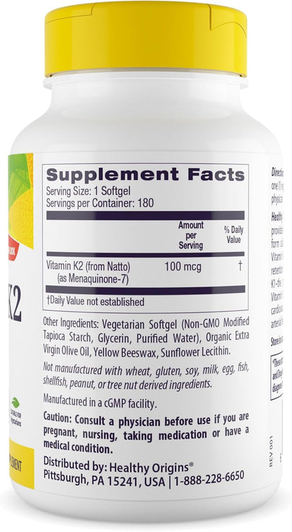 Healthy Origins Vitamin K2 100 mcg (MK-7) - 180 Vegetable Capsules