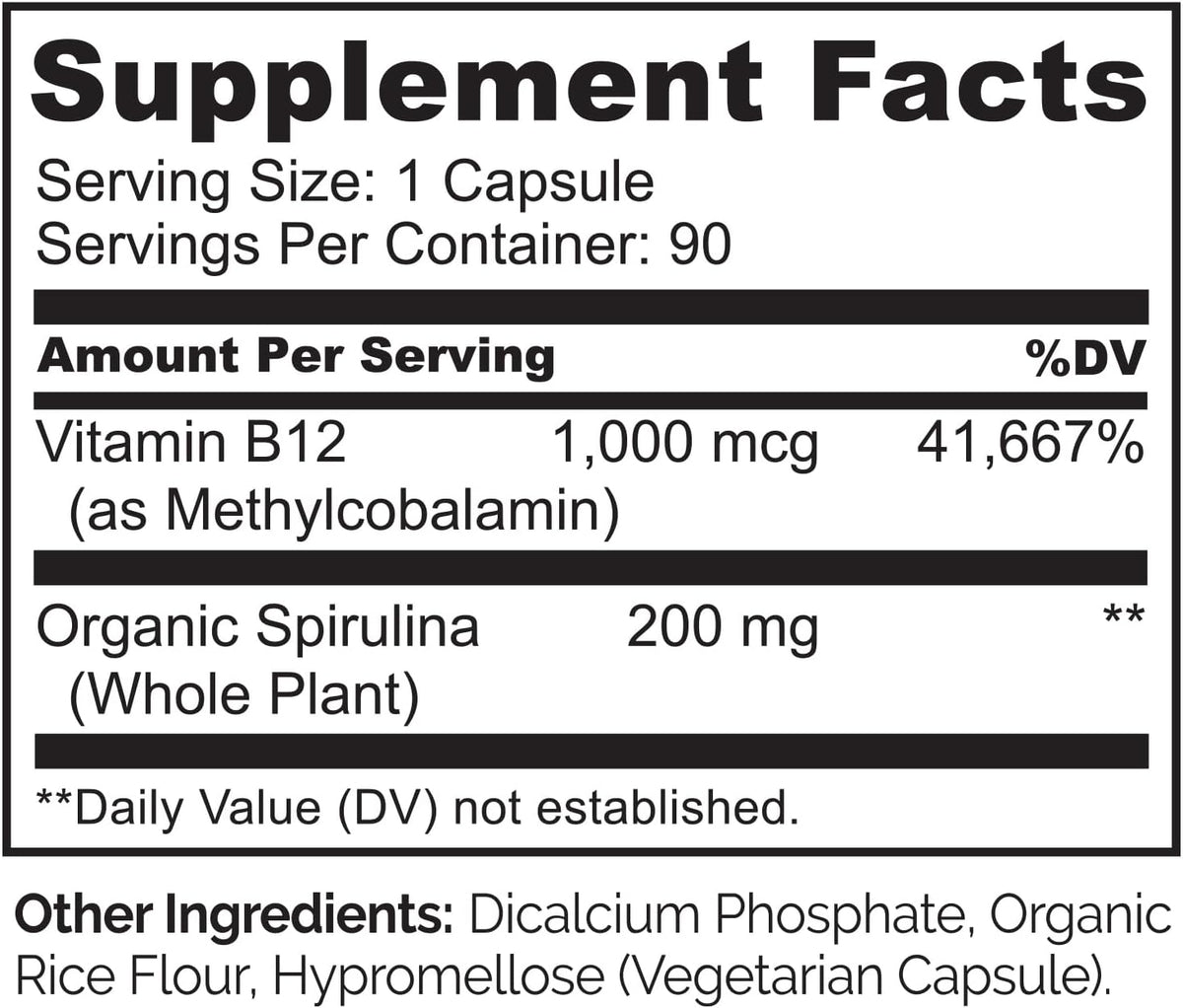 NATURELO Vegan B12 - Methyl B12 with Organic Spirulina - High Potency Vitamin B12 1000 mcg Methylcobalamin - 90 Capsules (Pack of 2) - görsel 3