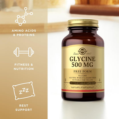 Solgar Glycine 500 mg - 100 Vegetable Capsules - Non-GMO, Vegan, Gluten-free, Dairy-free, Kosher - 100 Servings