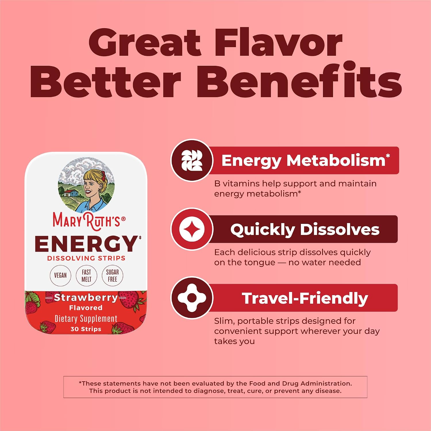 MaryRuth's Energy Dissolving Strips - B Vitamin Complex for Normal Energy Metabolism, Strawberry, 30 Strips - görsel 4