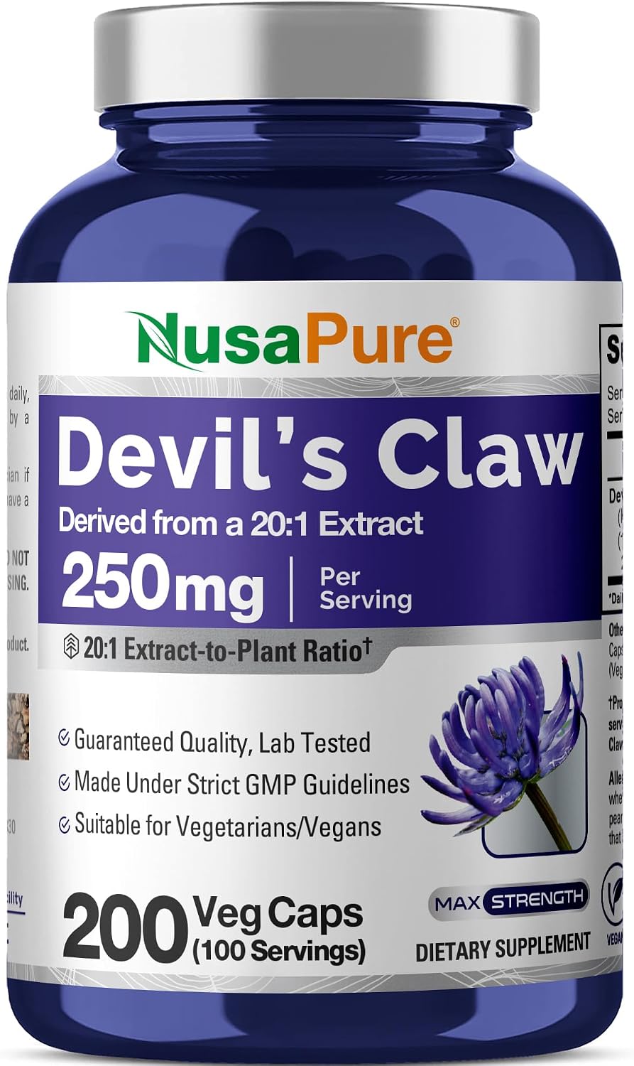 NusaPure Devil's Claw, 250 mg, 200 Veg Capsules (Non-GMO, Vegan) - görsel 1