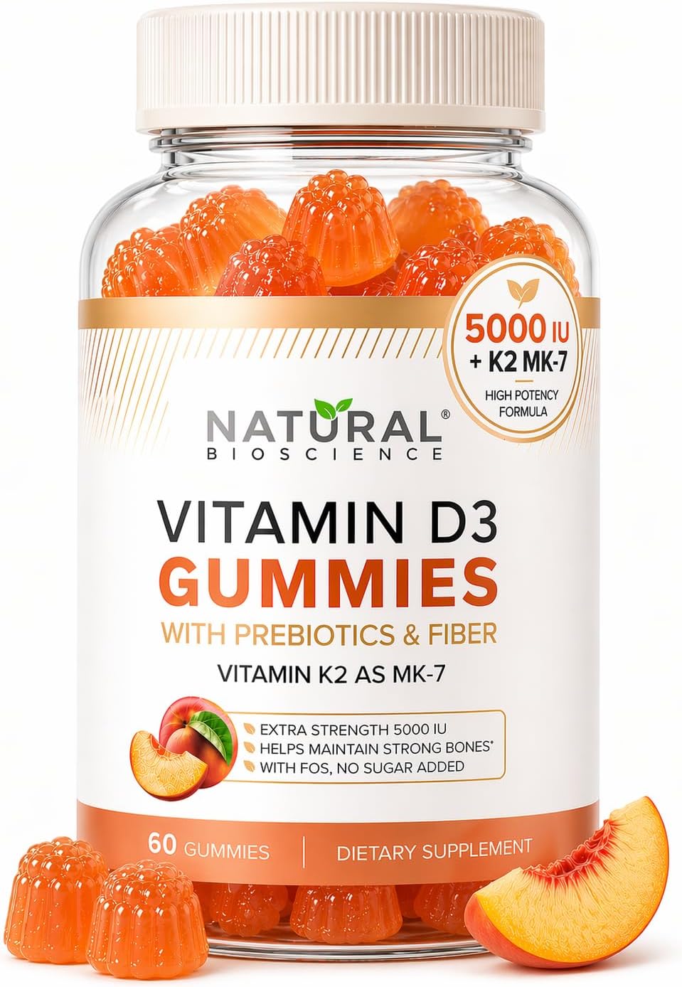 Sugar Free Vitamin D3 K2 Gummies 5000 IU + K2 MK7 80 mcg – Natural Peach Flavour - görsel 1