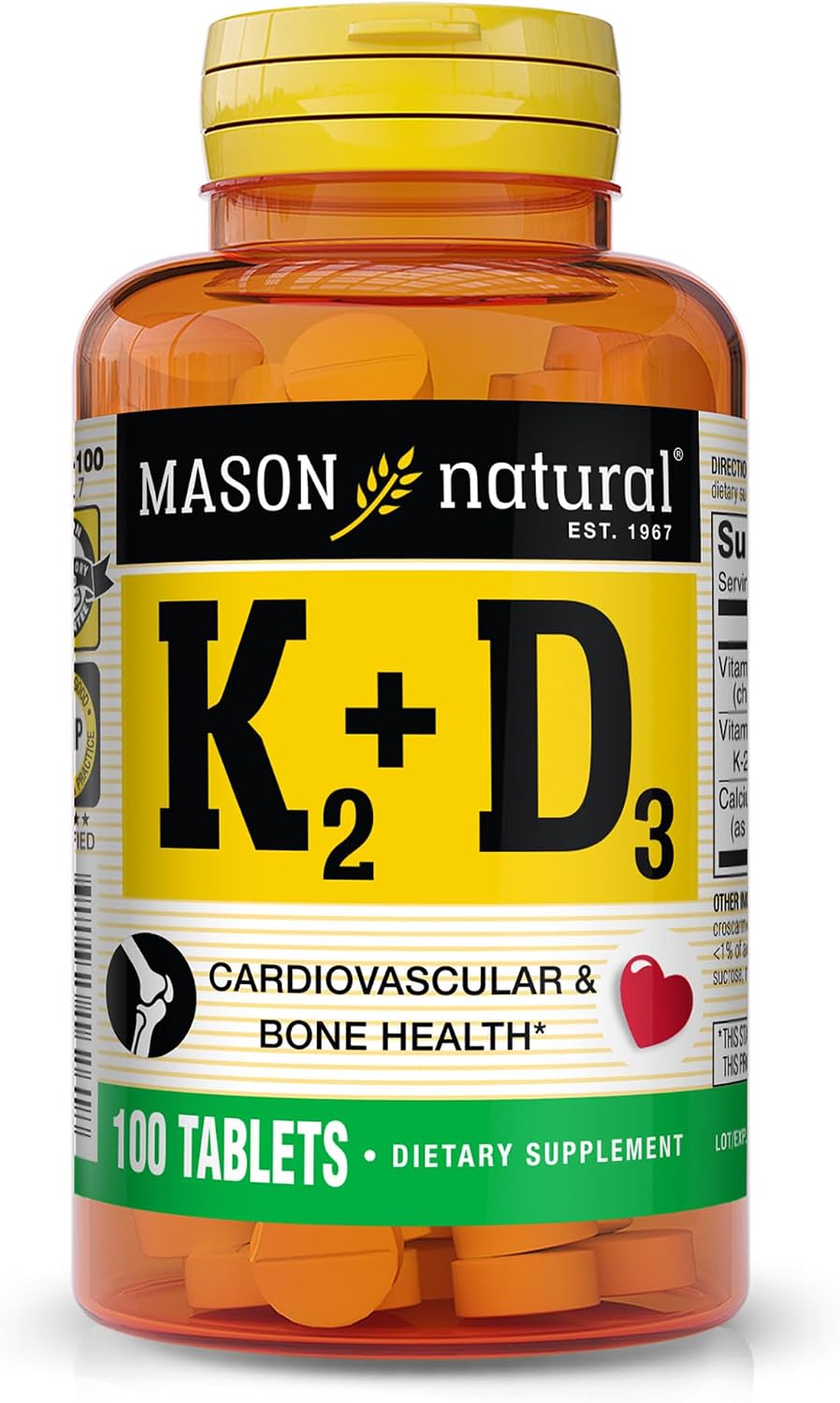 Mason Natural Vitamin K2 + D3, 100-Day Supply, with Calcium for Normal Bone and Muscle Support, Tablets - görsel 1