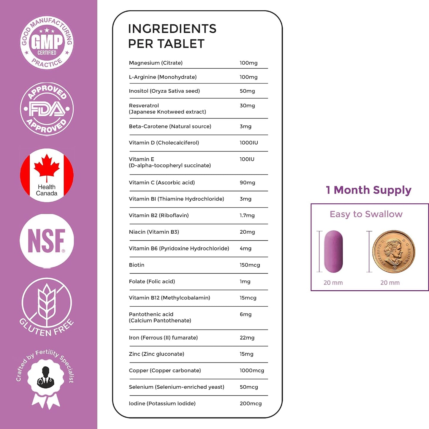 MedFertil Fertility Support Prenatal Vitamins with Myo Inositol, Folic Acid, Iron, Iodine, Biotin & B Vitamins – 30 Tablets - görsel 6