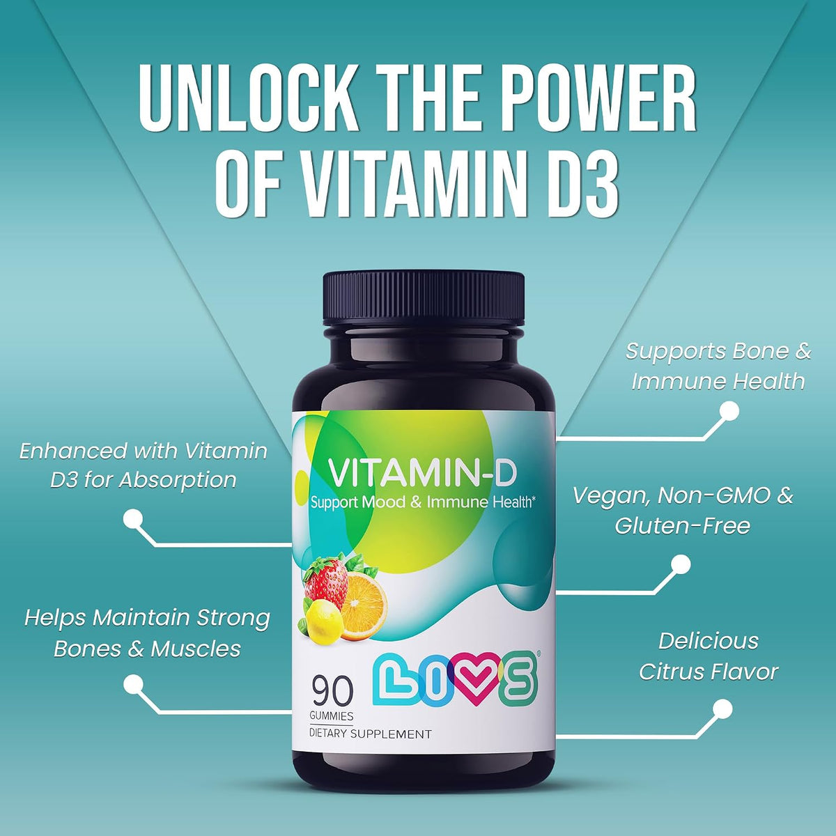 LIVS Vitamin D Gummies – 2000 IU Vitamin D3 for Immune Support, Bone & Teeth Health | Adult & Kids Vitamin D Supplement | Natural Lemon Berry & Orange Flavour | Gluten-Free | 90 Count/45 Servings - görsel 5