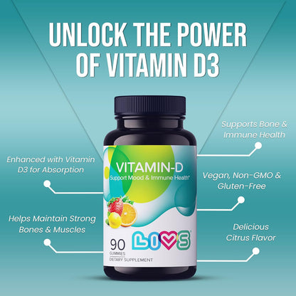 LIVS Vitamin D Gummies – 2000 IU Vitamin D3 for Immune Support, Bone & Teeth Health | Adult & Kids Vitamin D Supplement | Natural Lemon Berry & Orange Flavour | Gluten-Free | 90 Count/45 Servings