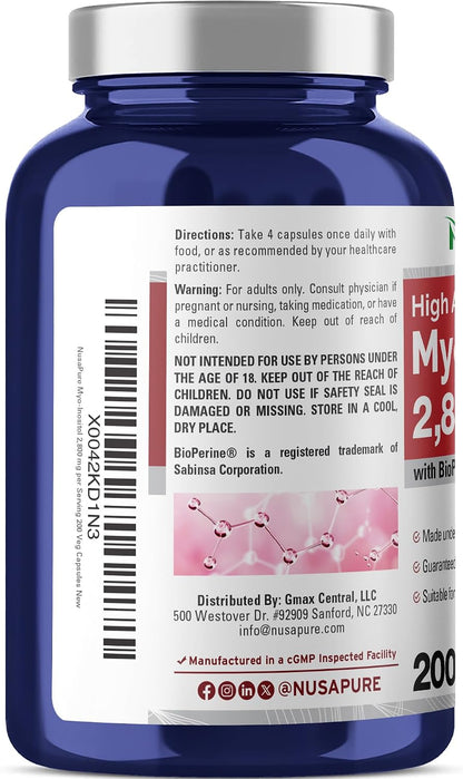 NusaPure Myo-Inositol - 2800mg per Serving, 200 Capsules (Vegetarian, Non-GM)
