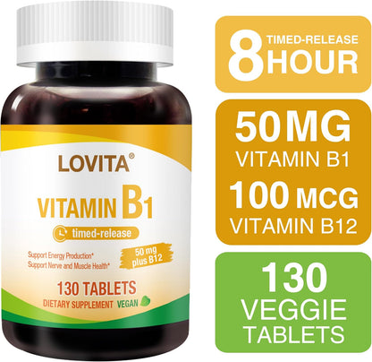 LOVITA Vitamin B1 (Thiamine) 50mg Timed Release – 8 Hour Sustained with B12, 130 Vegan Tablets