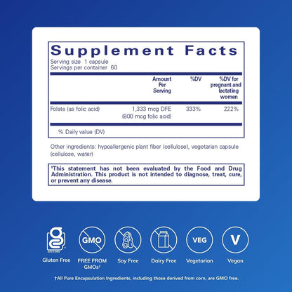 Pure Encapsulations Folic Acid | Hypoallergenic Food Supplement | 60 Capsules