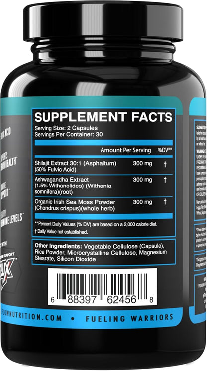 eFlow Nutrition Shilajit Capsules, Ashwagandha, Sea Moss [All-in-1] Trace Minerals, Fulvic Acid, Lab-Tested Pure Himalayan Shilajit for Men and Women | Energy, Vitality & Hormonal Support (60 Capsules)