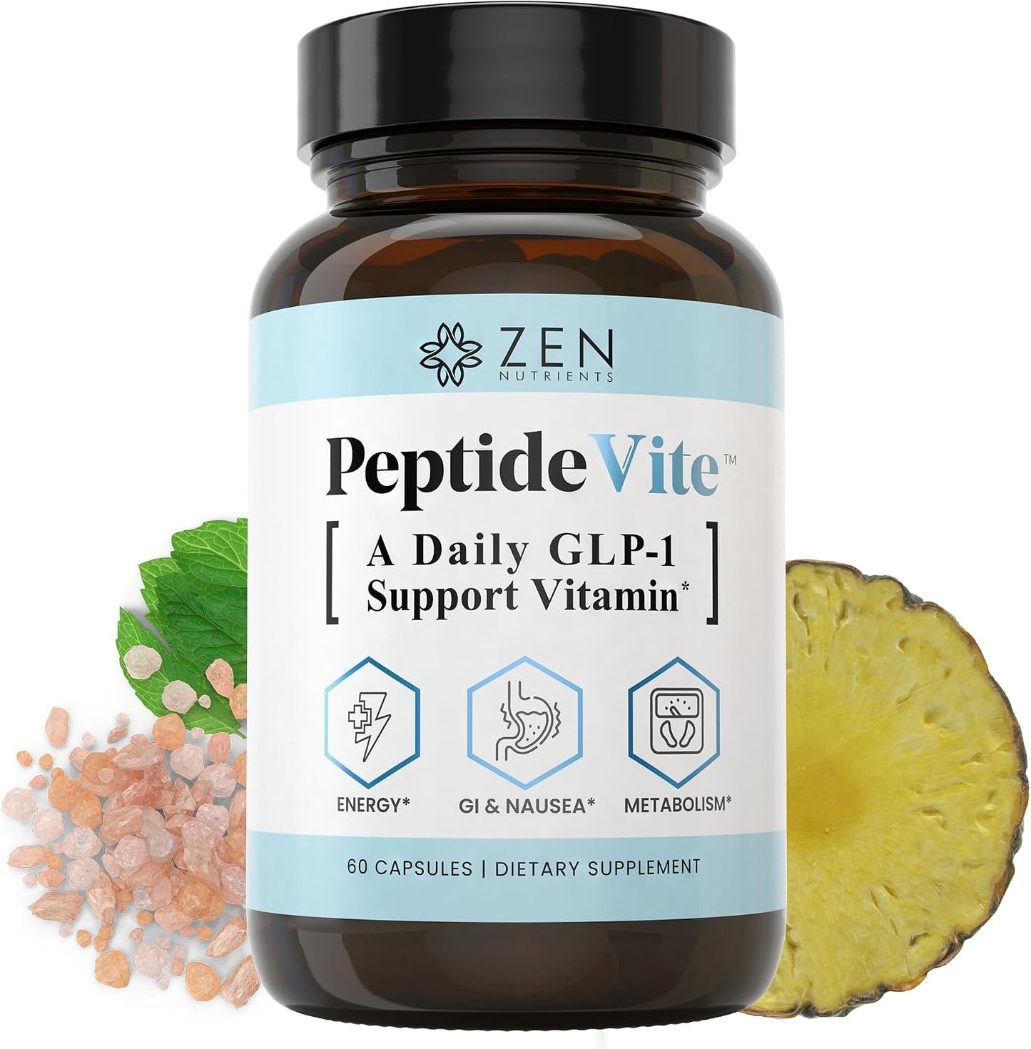 Zen Nutrients PeptideVite GLP-1 Support Supplement for Gut Health with Probiotics, Bromelain, Chromium Picolinate & Organic Ginger (60 Capsules) - görsel 1