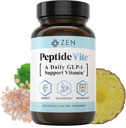 Zen Nutrients PeptideVite GLP-1 Support Supplement for Gut Health with Probiotics, Bromelain, Chromium Picolinate & Organic Ginger (60 Capsules)