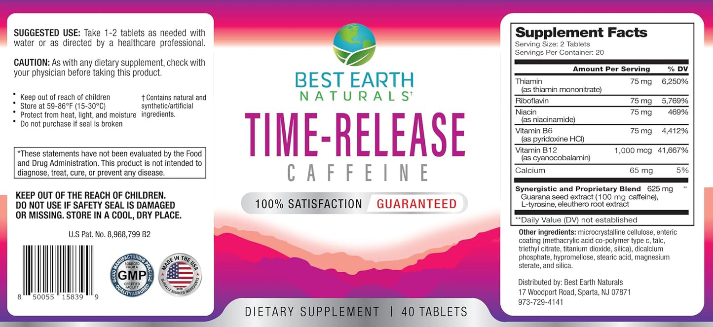 Best Earth Naturals Time Release Caffeine with L-Tyrosine, Vitamin B6, Vitamin B12, Thiamin & More - Energy Supplement for Men and Women - 40 Tablets - görsel 3