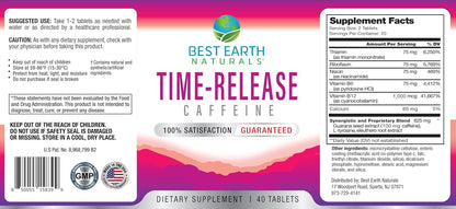 Best Earth Naturals Time Release Caffeine with L-Tyrosine, Vitamin B6, Vitamin B12, Thiamin & More - Energy Supplement for Men and Women - 40 Tablets
