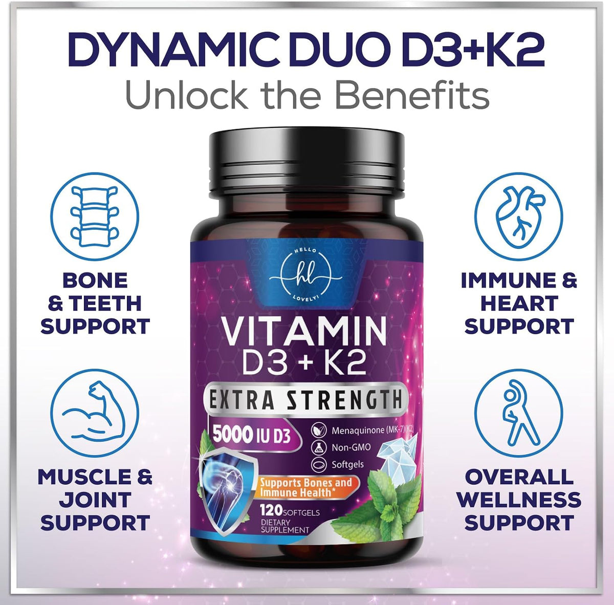 Hello Lovely! Vitamin D3 5000 IU with K2 MK-7 - 240 Soft Capsules - görsel 6
