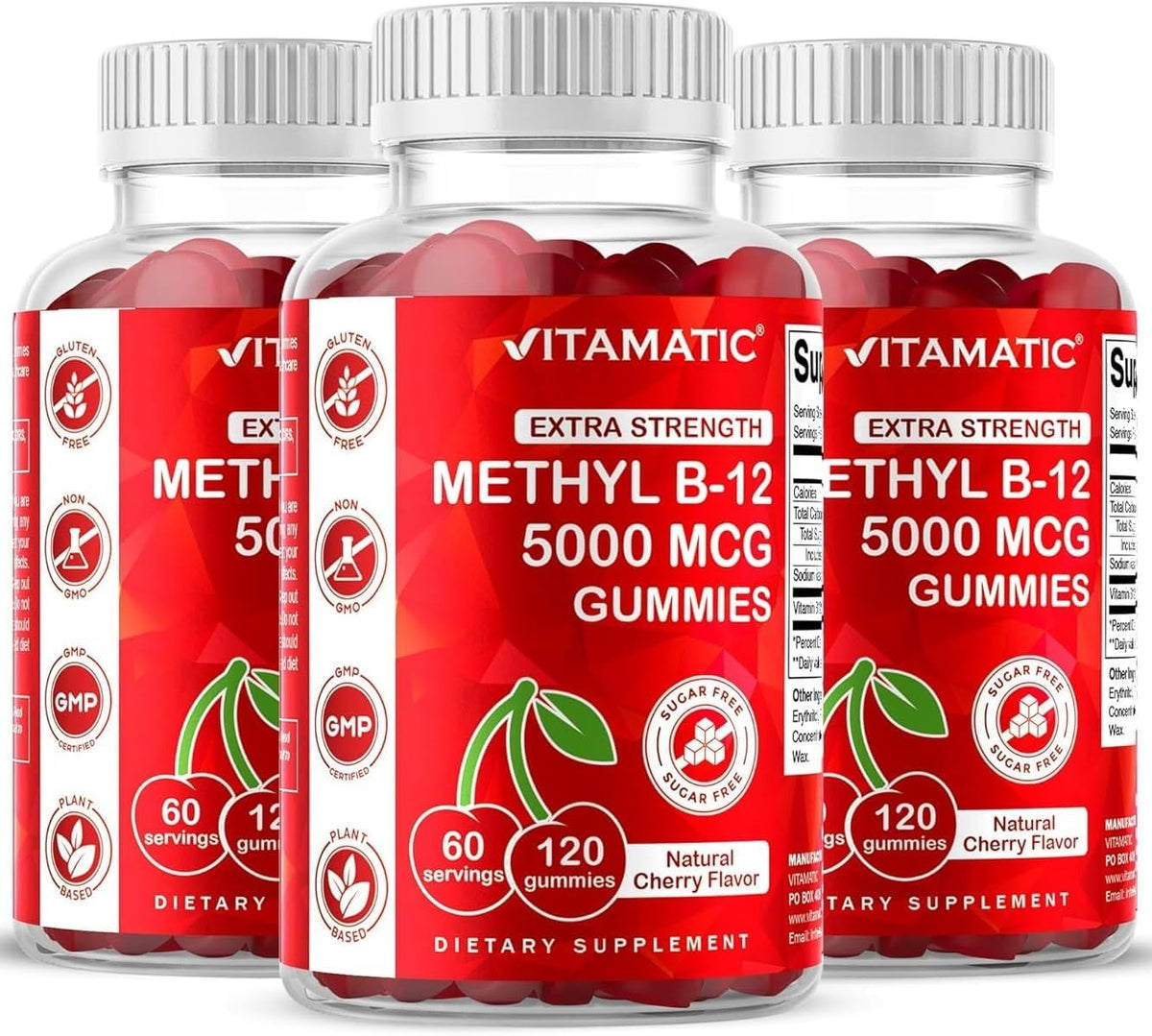 Vitamatic Extra Strength Vitamin B12 5000mcg (Methyl B12) Gummies – 120 Count, Natural Cherry Flavour - görsel 1