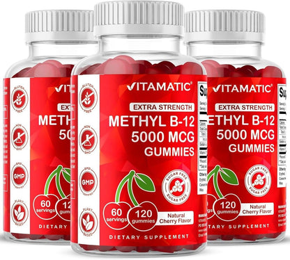 Vitamatic Extra Strength Vitamin B12 5000mcg (Methyl B12) Gummies – 120 Count, Natural Cherry Flavour