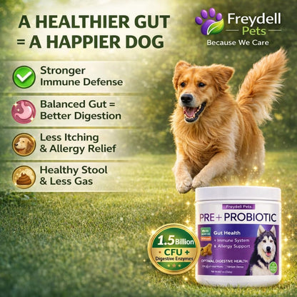 Freydell Pets Probiotics for Dogs – Digestive Enzymes, Prebiotics & Fibre Soft Chews – 120 Chews